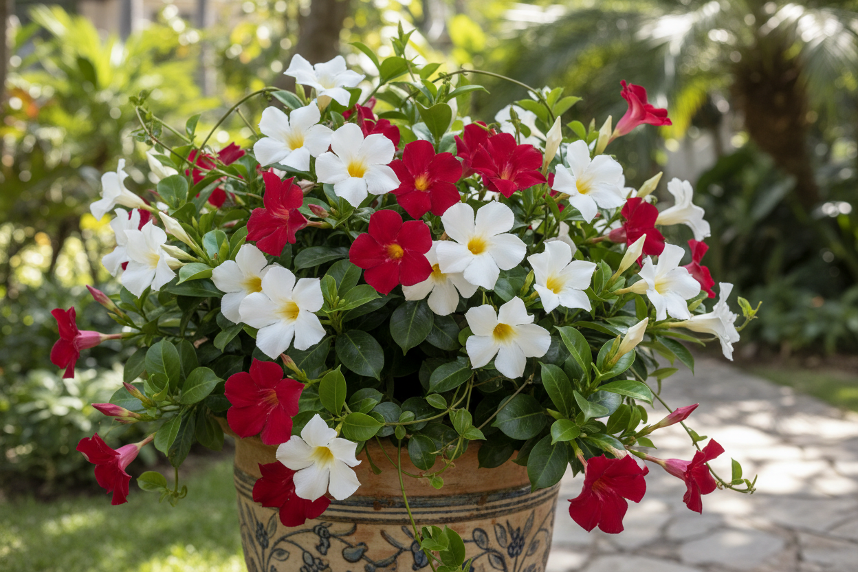 Mandevilla, 2-N-1 Sassy Summer Red/White Trumpet Vine - 1 Gallon Pot